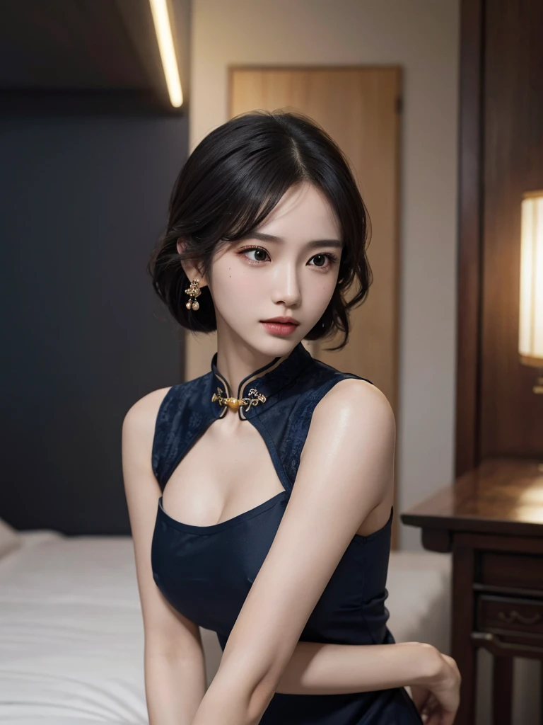 (full body shot), absurdres, RAW photo, extremely delicate and beautiful, masterpiece, Best Quality, ultra high resolution, 32k, hyper realistic, ultra-detailed, Very detailed CG 8k wallpaper, detailed background, landscape, Beautiful Lighting, Perfect Lightning, Realistic Shadows, perfect anatomy, anatomically correct, ideal ratio body proportions, perfect figure, Perfect Style, Perfect balance, super Detailed skin, in her 10s, very Slim body, narrow waist, very small head, very small face, tearful mole, earring, ((very huge round tits)), medium hair, asymmetrical hair, wavy hair, (navy cheongsam),