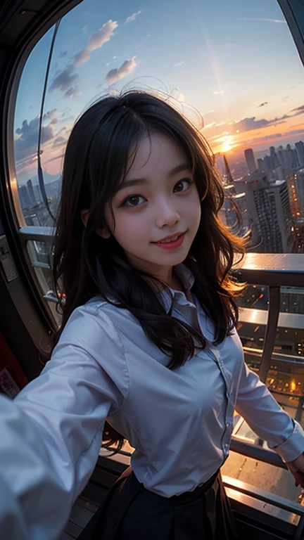 One girl, Korean, Fisheye Lens, Selfie, Wind, Messy Hair, sunset, Cityscape, (Aesthetics and atmosphere:1.2),smile