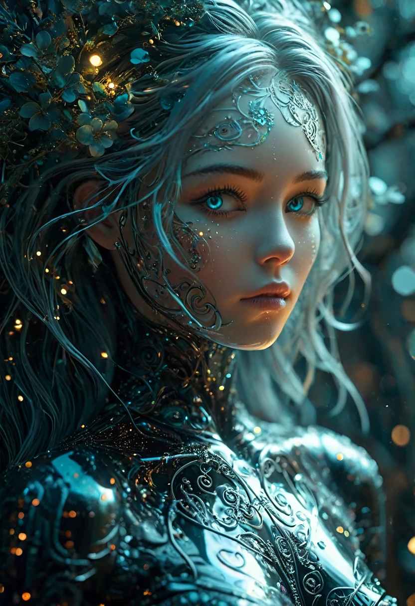 Create an image where the treetops are decorated with twinkling lights, merging nature with a magical starry atmosphere. (Little funny robot, porcelain face and head, big turquoise eyes, long silver hair) perfect eyes double exposure, bioluminescent fantasy, dark sci-fi. Gothic biomechanical essence in art deco style,
Her punkish, tattooed, figure is partially hidden in a swirling dress of obsidian silk printed with delicate filigree floral patterns that echo the inimitable style of Gustav Klimt. Finding yourself in an environment of reflective holographic mirror panels,which split the space around her into a scattering of angular contrasts, a background of shadows on a bright background