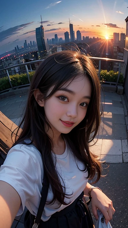 One girl, Korean, Fisheye Lens, Selfie, Wind, Messy Hair, sunset, Cityscape, (Aesthetics and atmosphere:1.2),smile