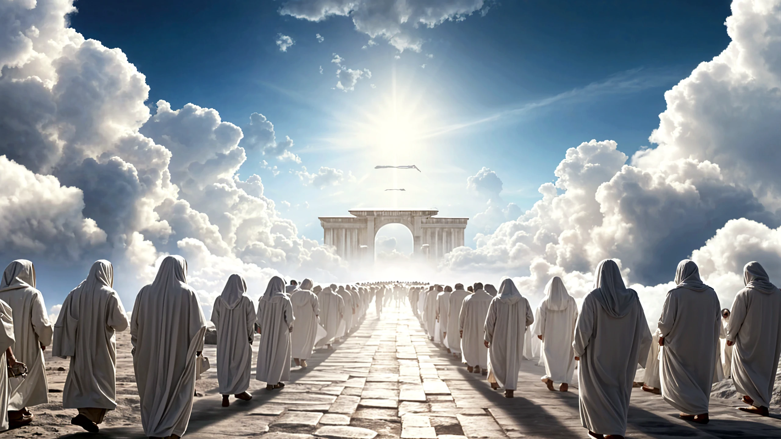 A crowd in white robes, um lugar celestial, todas as pessoas felizes, Clouds under your feet, illuminated sky, Heavenly Paradise, 8k UHD, alta qualidade, volume illumination, alta resolução, 8K -- Automatic --auto