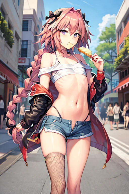 astolfo, Beautiful and slim perfect body, rasgos muy females, cuerpo female sexy muy delgado, flat chest, Pectorals, not breasts, very innocent smile, Girl, bright pink hair, spiky hair, short hair, a long braid, lock of white hair on left side, almost non-existent shorts, top that barely goes up the chest, off shoulder top, long fishnet stockings, female, small bulge in shorts, not penis, Eating an ice-cream, walking down the street