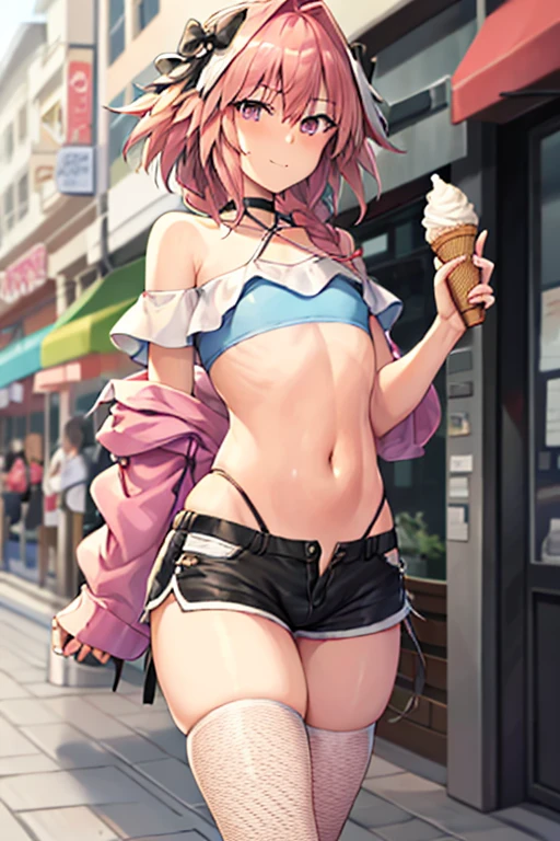 astolfo, Beautiful and slim perfect body, rasgos muy females, cuerpo female sexy muy delgado, flat chest, Pectorals, not breasts, very innocent smile, Girl, bright pink hair, spiky hair, short hair, a long braid, lock of white hair on left side, almost non-existent shorts, top that barely goes up the chest, off shoulder top, long fishnet stockings, female, small bulge in shorts, not penis, Eating an ice-cream, walking down the street