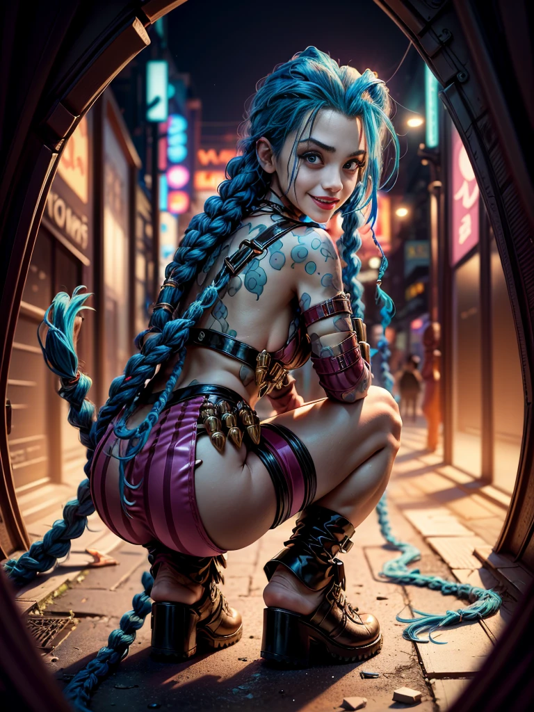 ((Jinx wears a Harajuku Tech costume), Cowboy-shot, wind, tousled hair, (Aesthetics and atmosphere:1.2),smiling, Laugh, from the back, crouching