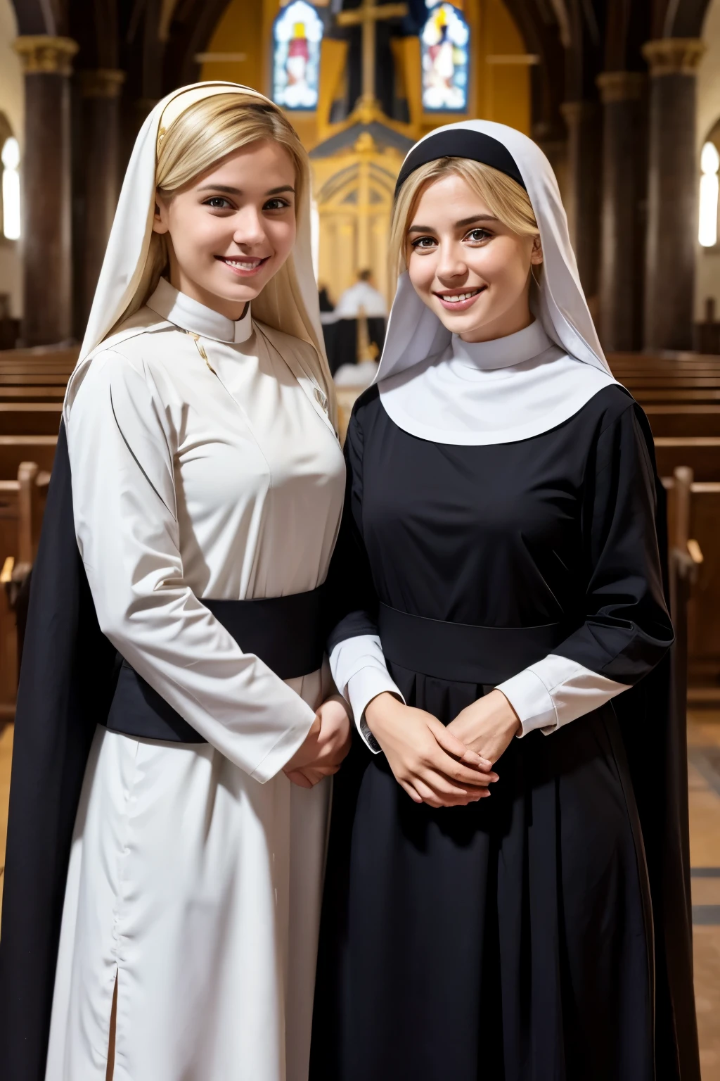 Two cute Italian girls、Blonde Hair、Smiling with teeth showing、the body is slim、Monastic uniform、Nuns、Standing cuddly、In the church