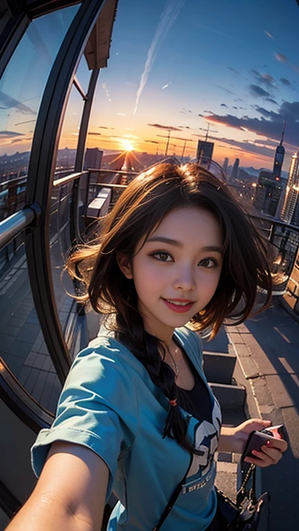 One girl, Korean, Fisheye Lens, Selfie, Wind, Messy Hair, sunset, Cityscape, (Aesthetics and atmosphere:1.2),smile