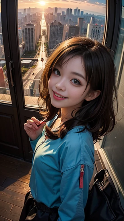 One girl, Korean, Fisheye Lens, Selfie, Wind, Messy Hair, sunset, Cityscape, (Aesthetics and atmosphere:1.2),smile