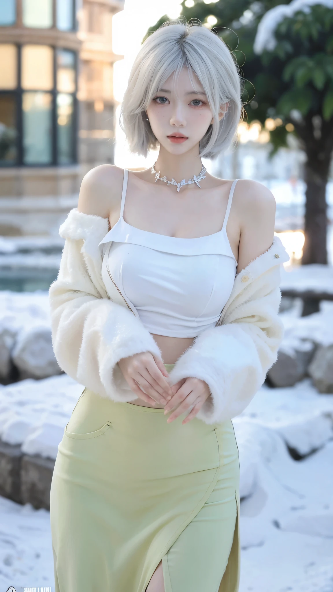 Beautiful woman with perfect figure:1.4，snow，Touching butt with both hands，snow背景，Layered Hairstyle，White skin，Prominent cleavage，Pleated Skirt，whole body，Very delicate face and skin texture，Double eyelids，Skin Whitening，Long white hair