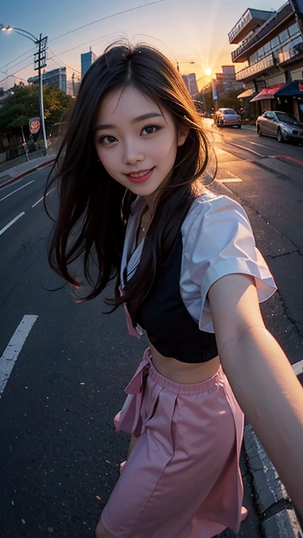 One girl, Korean, Fisheye Lens, Selfie, Wind, Messy Hair, sunset, Cityscape, (Aesthetics and atmosphere:1.2),smile