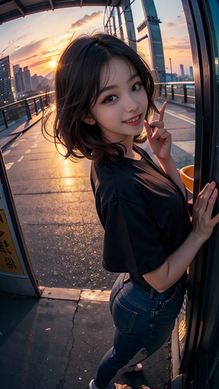One girl, Korean, Fisheye Lens, Selfie, Wind, Messy Hair, sunset, Cityscape, (Aesthetics and atmosphere:1.2),smile