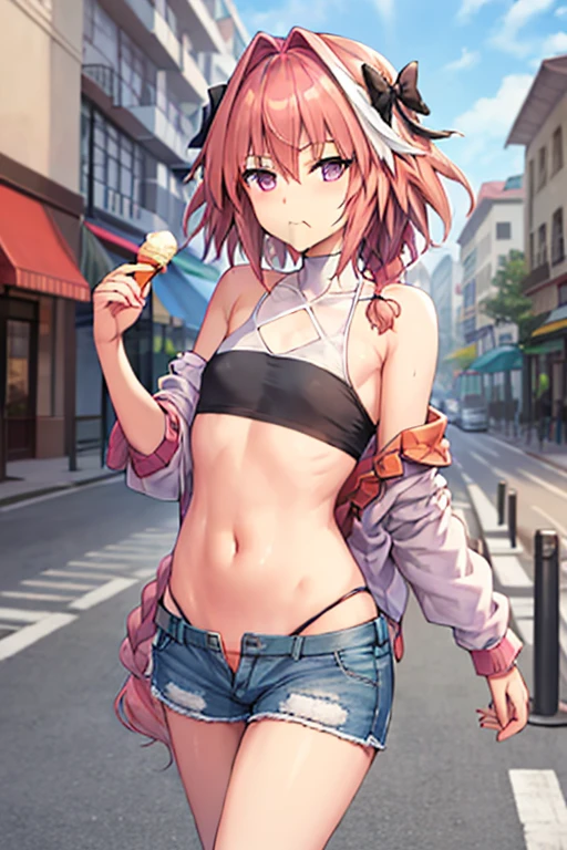 astolfo, Beautiful and slim perfect body, rasgos muy females, cuerpo female sexy muy delgado, flat chest, Pectorals, not breasts, very innocent smile, Girl, bright pink hair, spiky hair, short hair, a long braid, lock of white hair on left side, almost non-existent shorts, top that barely goes up the chest, off shoulder top, long fishnet stockings, female, small bulge in shorts, not penis, Eating an ice-cream, walking down the street