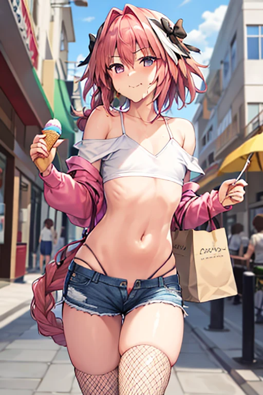 astolfo, Beautiful and slim perfect body, rasgos muy females, cuerpo female sexy muy delgado, flat chest, Pectorals, not breasts, very innocent smile, Girl, bright pink hair, spiky hair, short hair, a long braid, lock of white hair on left side, almost non-existent shorts, top that barely goes up the chest, off shoulder top, long fishnet stockings, female, small bulge in shorts, not penis, Eating an ice-cream, walking down the street