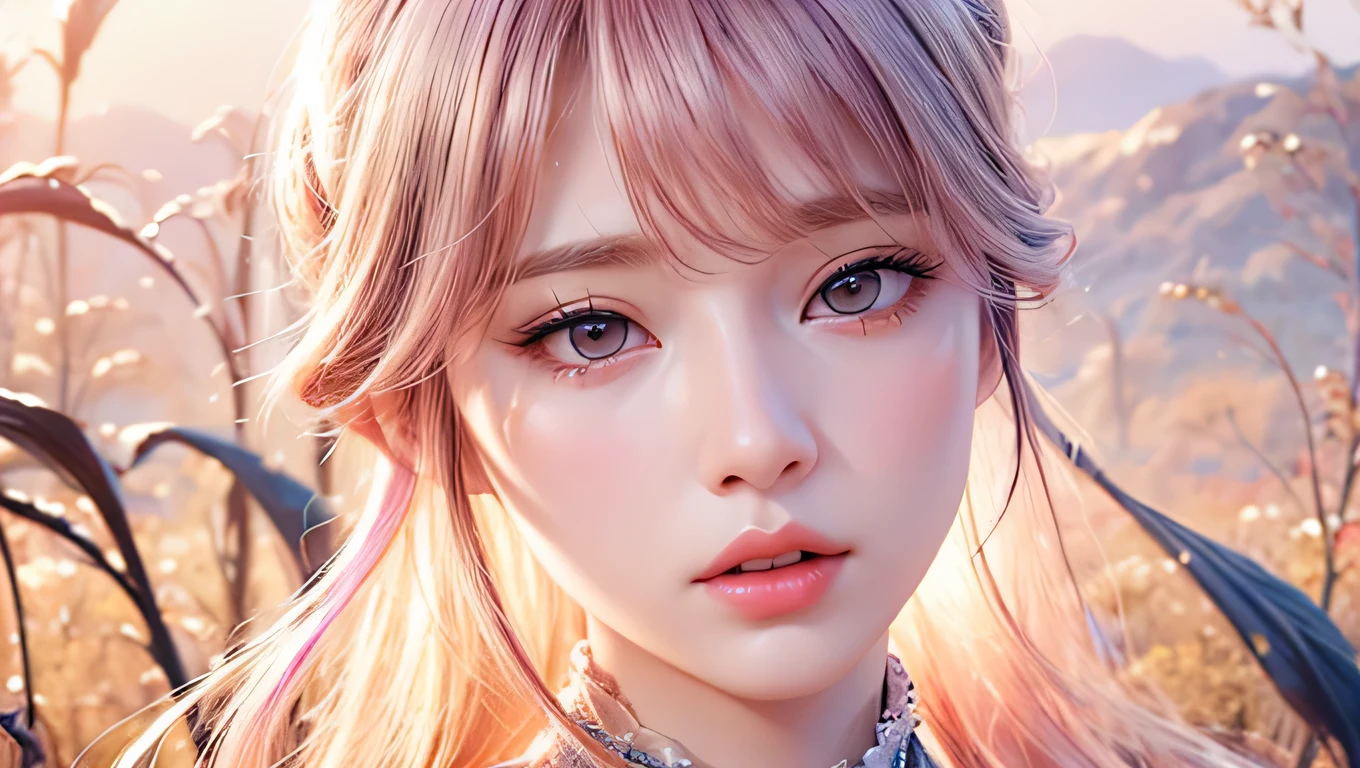 high quality,1 girl，long hair, Super detailed CG illustration of a young woman with a calm expression, Stare into the distance，His striking light pink hair blew gently in the desert breeze. The landscape behind him is vast and stunning, Taking viewers into a world of wonder and discovery.More ideas