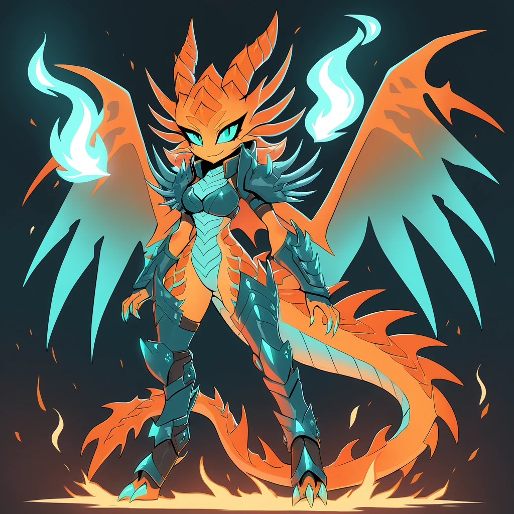 Orange scaled Dragon monster girl with long jagged orange horns intense  eyes a long spiked tail with a flame on it jagged dragon wings with dark teal membranes, wearing armor
