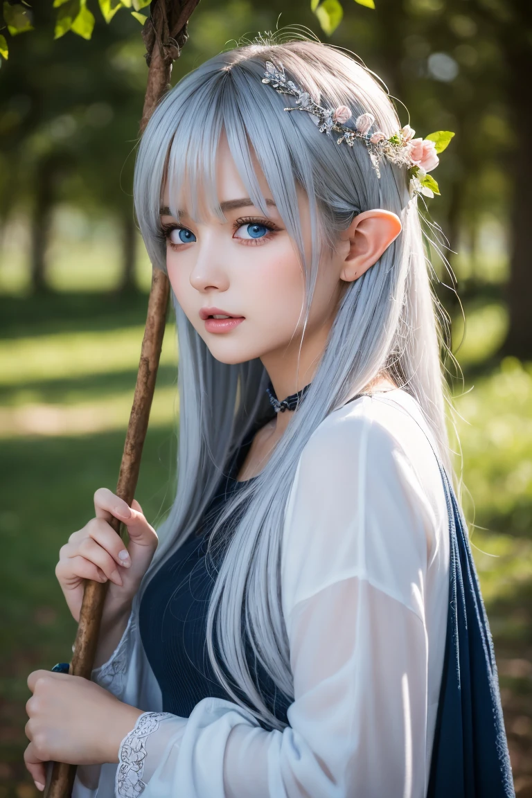 ((masterpiece)), ((best quality)), (ultra-detailed), ((kawaii)), cute, (lovely), (sexy), ((extremely detailed)), 4K, (8K), best quality, (beautiful), photorealistic, ageless elf, a cute girl, solo, sweat, blush, narrow eyes, open mouth, mage, enchanted grove, ancient wisdom, mystical power, nature, magic, flowing garments, glowing staff, serene presence, beautiful silver hair, (beautiful hair), beautiful blue eyes, (beautiful eyes), cinematic lighting, natural light, soft shadows,