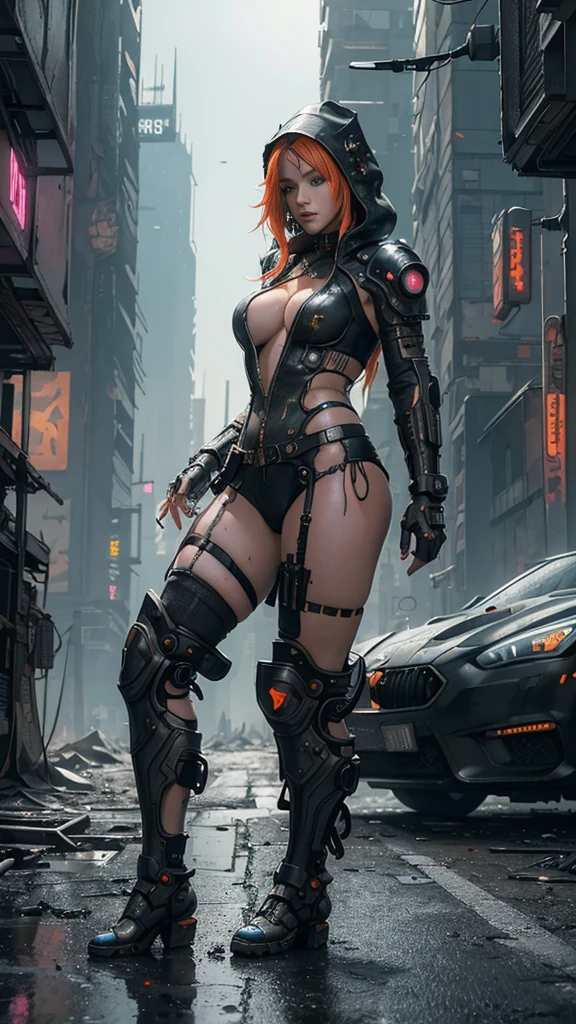 Unbeatable masterpiece, Ultra photo realsisim, Perfect Artwork, Intricate details, Best Quality, strong lights,High contrast,((Post apocalyptic futuristic Cyberpunk , outline):1.35) , ((masterpiece)),((Extremely detailed)) , ((extremely detailed and beautiful face)) , Smoky makeup, Perfectcomposition , intricate detailes , neon light , neon trim, (full body Esbian:1.25) , (Official art) , Very delicately beautiful cyberpunk girl, long orange colored hair blowing in the wind, vibrant blue eyes, long detailed eyelashes, huge enormously gigantic , cleavage showing, wearing highly detailed futuristic hooded battle armor, tons of tattoos and piercings(1girl:1.3) , Solo , (glass screen:1.2) , (Clear glass) , Tindall Effect , Colorful refraction , visual impact , (High light contrast) , Colorful , Melt , (Cyberpunk:1.2) ,(flinch :1.4) ,