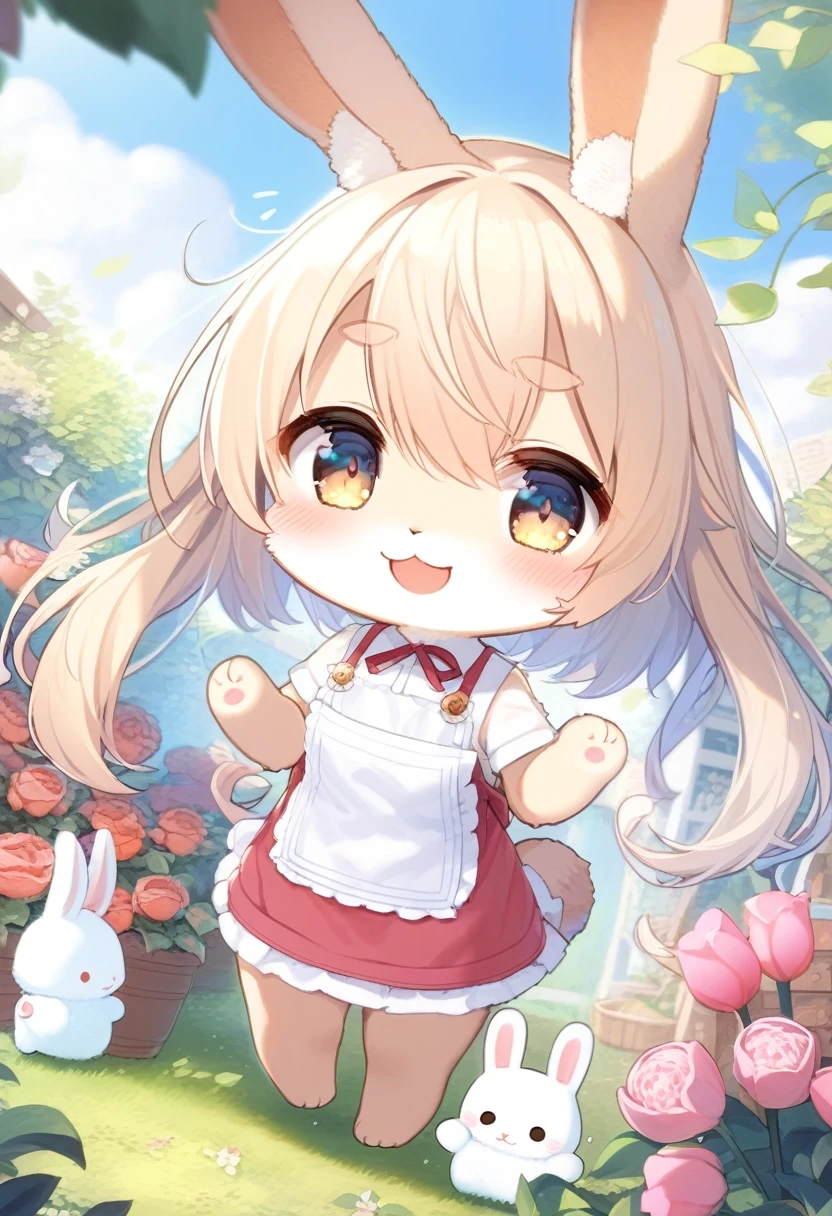 ((Masterpiece)), ((Best Quality)), (Very Detailed), ((Very Detailed)), 4K, (8K), very aesthetic, absurdres highres, 1 girl, (anthropomorphic Rabbit, furry, kemono:1.5), A woman wearing a cotton apron stands in a kitchen bathed in warm natural light. The apron is embroidered with brightly colored tulips, and the woman has a calm expression on her face. In the background, kitchen utensils are neatly lined up.
