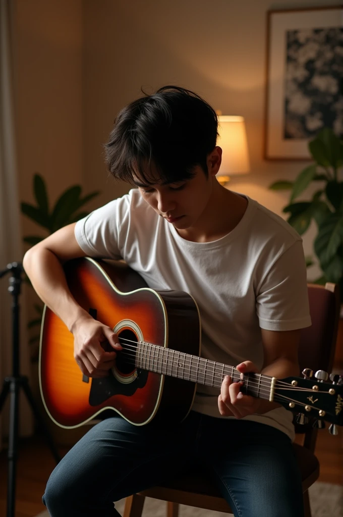 Cute asian sexy man with guitar sitting on chair writing song in studio room/Melancholic tone / bust