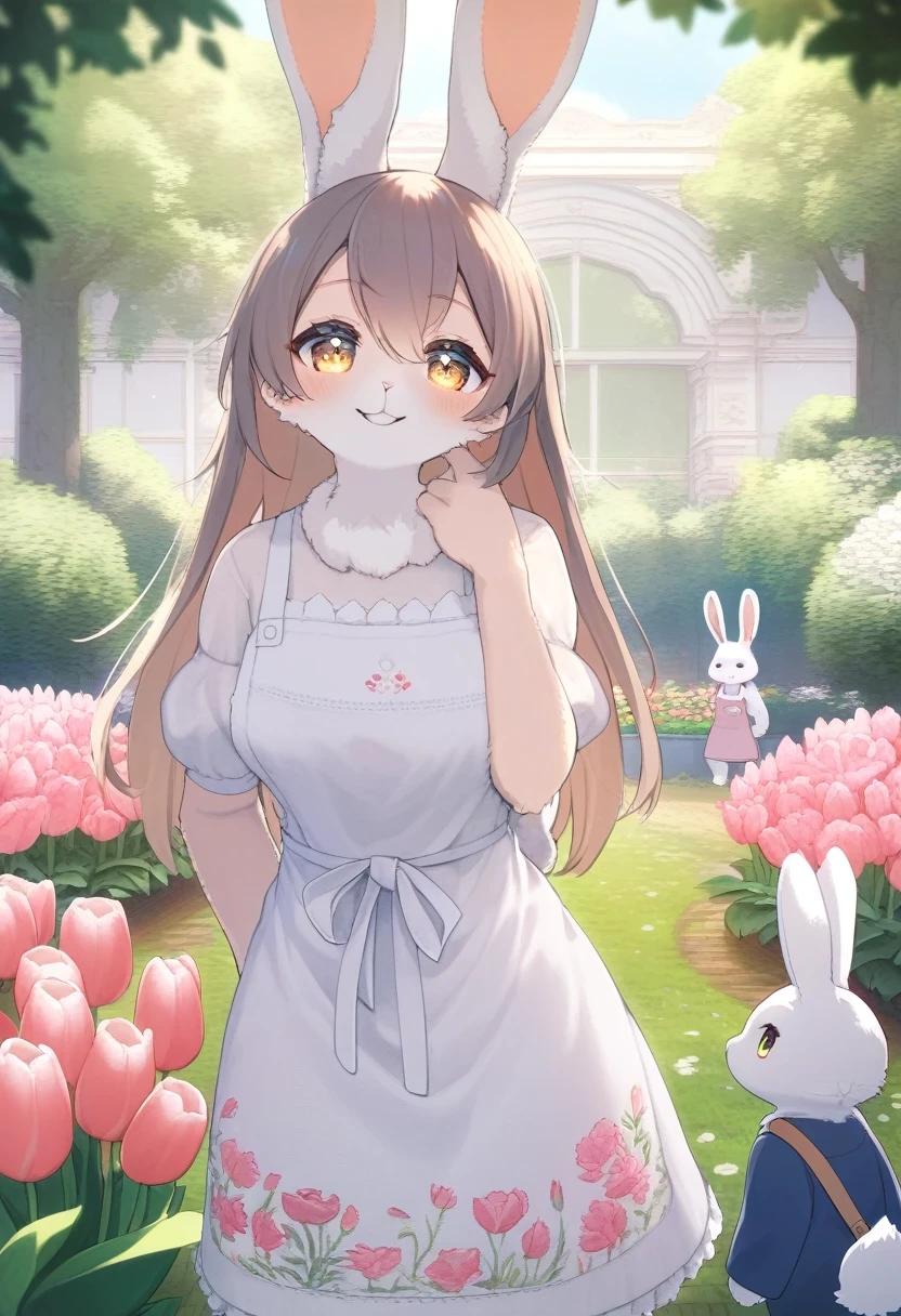 ((Masterpiece)), ((Best Quality)), (Very Detailed), ((Very Detailed)), 4K, (8K), very aesthetic, absurdres highres, 1 girl, (anthropomorphic Rabbit, furry, kemono:1.5), A woman wearing a cotton apron stands in a kitchen bathed in warm natural light. The apron is embroidered with brightly colored tulips, and the woman has a calm expression on her face. In the background, kitchen utensils are neatly lined up.