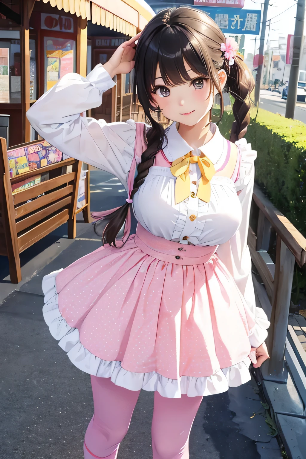 Highest quality、High resolution、Detailed Background、(Beautiful face in every detail:1.4)、Anatomically correct、(Normal number of fingers:1.2)、(Highly detailed face:1.2)、Detailed eyes、Teenage beauty、Huge breasts、Perfect body line、Light color hair、Braided bob cut、Braided Ponytail、Braided twin tails、well-groomed eyebrows、amusement park、Attraction Park、Thrilling attractions、Stretch your arms、Show your side、Excited、
(Two beautiful girls excited by a thrilling ride:1.5)、
Excited to the max、eyes wide open、Mouth slightly open or smiling widely、A slight redness on the face and neck due to an increased heart rate、
We recommend a dress with a skirt that is easy to move in.、
The flared silhouette is cute and the knee-length pants are perfect for running around.、
The color is pink or blue、Bright colors such as yellow create a cute impression.、
Floral and polka dot patterns、Prints such as stripes also add to the cuteness.、
Sandals and sneakers with accent details such as ribbons and frills will give you a more feminine look.、Incorporate character goods and pastel-colored items、cute