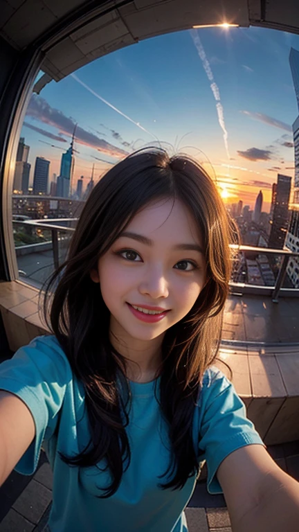 One girl, Korean, Fisheye Lens, Selfie, Wind, Messy Hair, sunset, Cityscape, (Aesthetics and atmosphere:1.2),smile