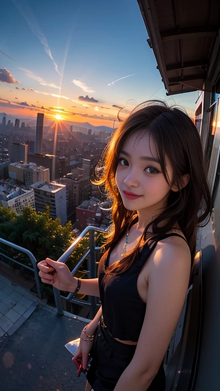 One girl, Korean, Fisheye Lens, Selfie, Wind, Messy Hair, sunset, Cityscape, (Aesthetics and atmosphere:1.2),smile