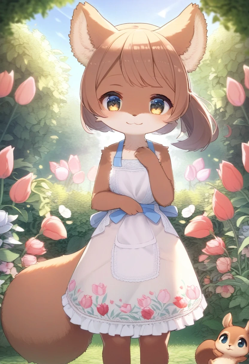 ((Masterpiece)), ((Best Quality)), (Very Detailed), ((Very Detailed)), 4K, (8K), very aesthetic, absurdres highres, 1 girl, (anthropomorphic Rabbit, furry, kemono:1.5), A woman wearing a cotton apron stands in a kitchen bathed in warm natural light. The apron is embroidered with brightly colored tulips, and the woman has a calm expression on her face. In the background, kitchen utensils are neatly lined up.