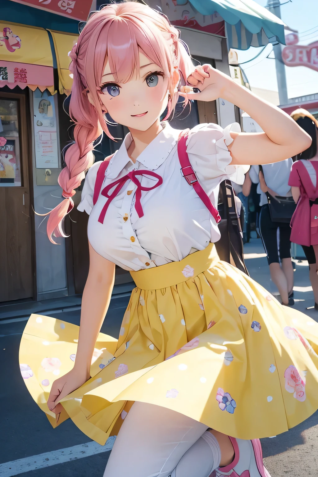 Highest quality、High resolution、Detailed Background、(Beautiful face in every detail:1.4)、Anatomically correct、(Normal number of fingers:1.2)、(Highly detailed face:1.2)、Detailed eyes、age beauty、Huge breasts、Perfect body line、Light color hair、Braided bob cut、Braided Ponytail、Braided twin tails、well-groomed eyebrows、amusement park、Attraction Park、Thrilling attractions、Stretch your arms、Show your side、Excited、
(Two beautiful girls excited by a thrilling ride:1.5)、
Excited to the max、eyes wide open、Mouth slightly open or smiling widely、A slight redness on the face and neck due to an increased heart rate、
We recommend a dress with a skirt that is easy to move in.、
The flared silhouette is cute and the knee-length pants are perfect for running around.、
The color is pink or blue、Bright colors such as yellow create a cute impression.、
Floral and polka dot patterns、Prints such as stripes also add to the cuteness.、
Sandals and sneakers with accent details such as ribbons and frills will give you a more feminine look.、Incorporate character goods and pastel-colored items、cute