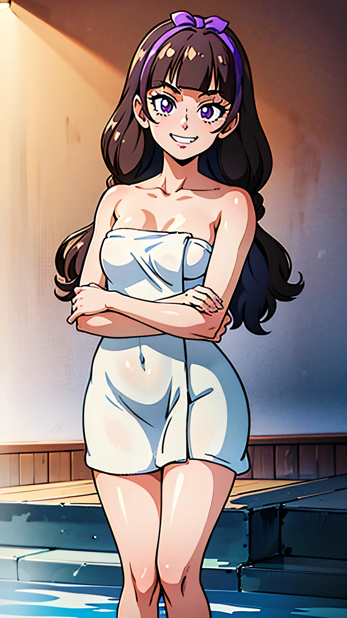 1 girl, (solo), ((amanogawaki)), best quality, highres, high quality, 8k, HD, super detail, anatomically correct, UHD, accurate, (masterpiece:1.2), (high quality:1.0), (ultra detailed), (Adult), (hot spring background), (naked towel), (White Towel), Looking at viewer, (Smug Grin), (Purple Eyes), (holding towel)