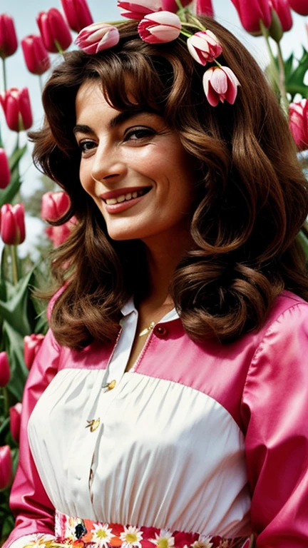 Anouk Aimée wearing clothes made of tulips and smiling