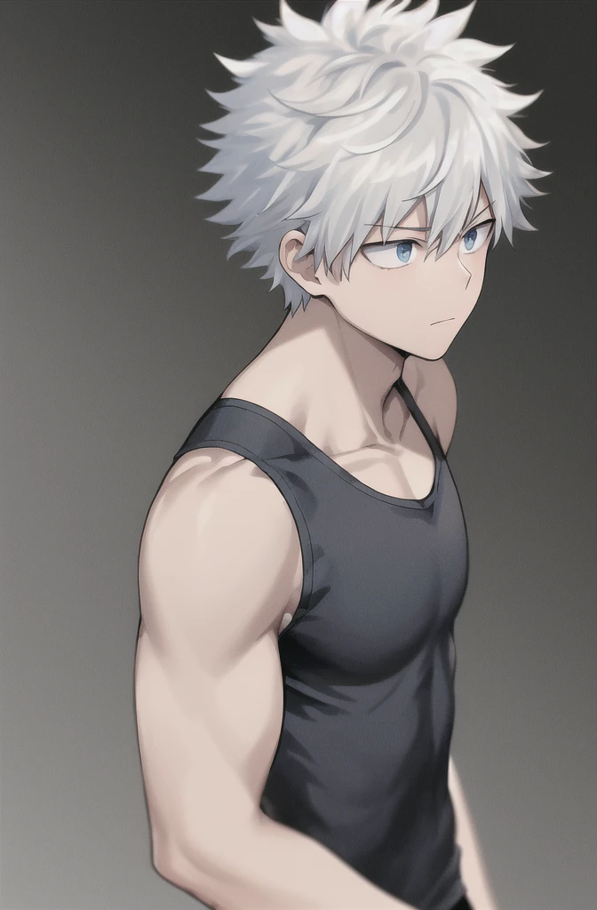 horikoshi kohei, 1boy, absurdres, best quality, short sleeves, black tank top, white hair, blurry, blurry background, boku no hero academia, chama kou, highres, looking away, male focus, muscular, muscular male, closed mouth, blue eyes, short white hair