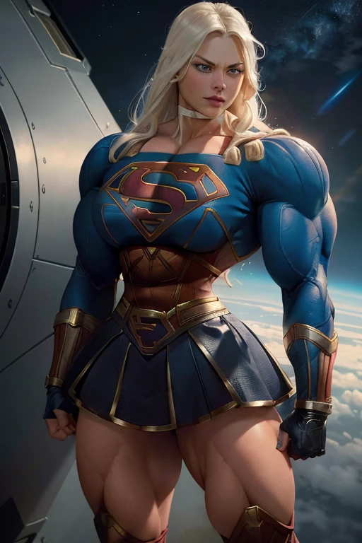 (((Close-up))), tall, (White hair) beautiful muscular woman, long straight hair, brown skinned, closed smile, large breast, (black lipstick), (massive muscles), (hyper muscle), ((ginormous bulky muscles)), blue eyes, (((supergirl suit))), (supergirl skirt), gauntlets, choker, boots, (in space)