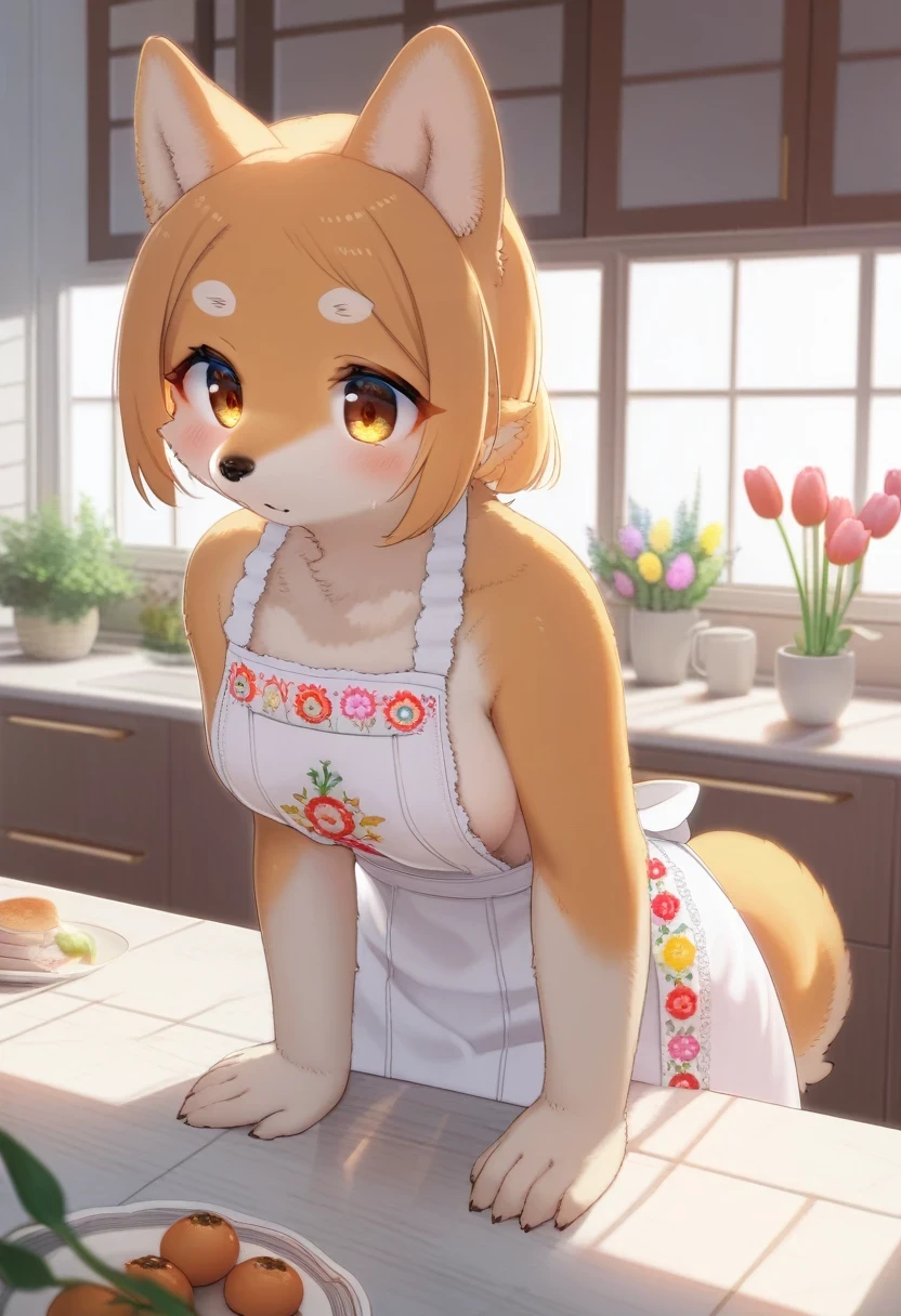 ((Masterpiece)), ((Best Quality)), (Very Detailed), ((Very Detailed)), 4K, (8K), very aesthetic, absurdres highres, 1 girl, (anthropomorphic Rabbit, furry, kemono:1.5), A woman wearing a cotton apron stands in a kitchen bathed in warm natural light. The apron is embroidered with brightly colored tulips, and the woman has a calm expression on her face. In the background, kitchen utensils are neatly lined up.