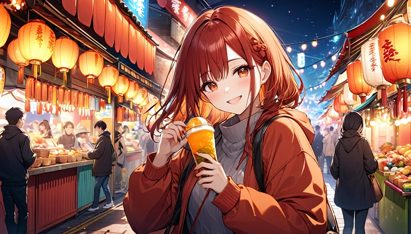 **171. One person。Night Market Lights。event。Cowboy shot or close-up。  
masterpiece, best quality, ultra detailed (Detailed fingers), (Emotional), (Breathtakingly beautiful),  
(main part: 1.2 Whole body。), (Anime Style), (Very detailed), (Brutal),  
(超High resolution, High resolution), (8k), (High resolution: 1.2), (Complex and beautiful: 1.2)**
- background: Vibrant night market、A scene of colorful food stalls and lanterns lined up。
- character: Woman in casual clothes、Hands holding food and drinks from a street stall。
-pose: Walking and chatting happily with a friend in front of a food stall。
-expression: A smile of joy and excitement、Enjoying the atmosphere of the night market。
- Effects: The lanterns and colorful lights of the food stalls create the bustling atmosphere of a night market.。
-color: Warm orange and red、The bright colors of the lanterns and food stalls light up the nighttime space.。
