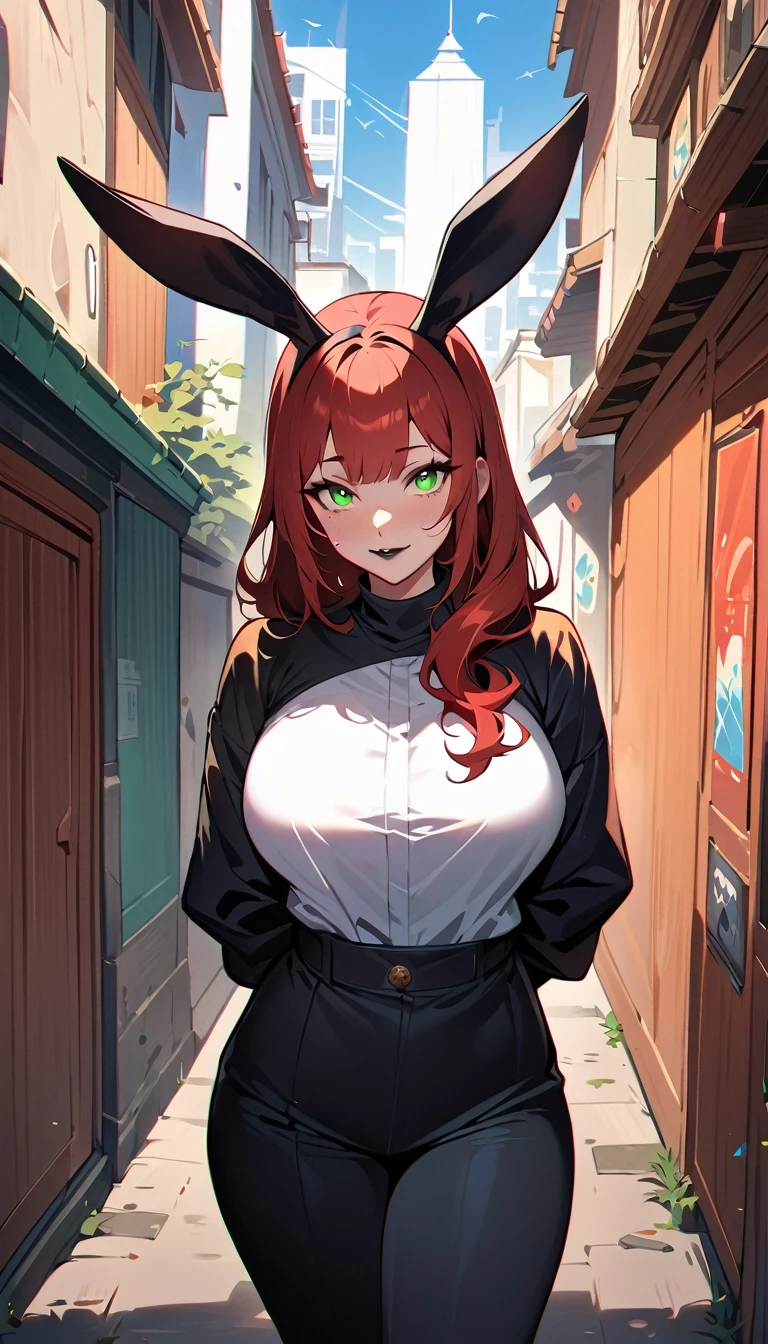 (high quality, 8k, 4K, high contrast, artwork:1.2, high quality, best aesthetics), (centered), ((1 woman)), erotic, sensual, mature body, grown woman, super detailed, beautiful face detailed, beautiful eyes detailed, detailed beautiful mouth, perfect big breasts, (long wavy red hair), (green eyes), (freckles), (black eyeliner), (black eyeshadow), (relaxed expression), (piercing gaze), (looking at viewer), (black lipstick), (front view), (standing), (black rabbit ears), (comfortable street clothes), (hands behind back)