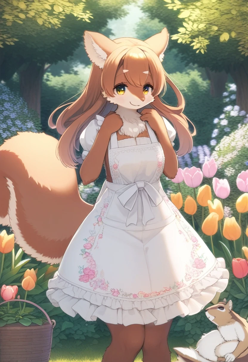 ((Masterpiece)), ((Best Quality)), (Very Detailed), ((Very Detailed)), 4K, (8K), very aesthetic, absurdres highres, 1 girl, (anthropomorphic Rabbit, furry, kemono:1.5), A woman wearing a cotton apron stands in a kitchen bathed in warm natural light. The apron is embroidered with brightly colored tulips, and the woman has a calm expression on her face. In the background, kitchen utensils are neatly lined up.
