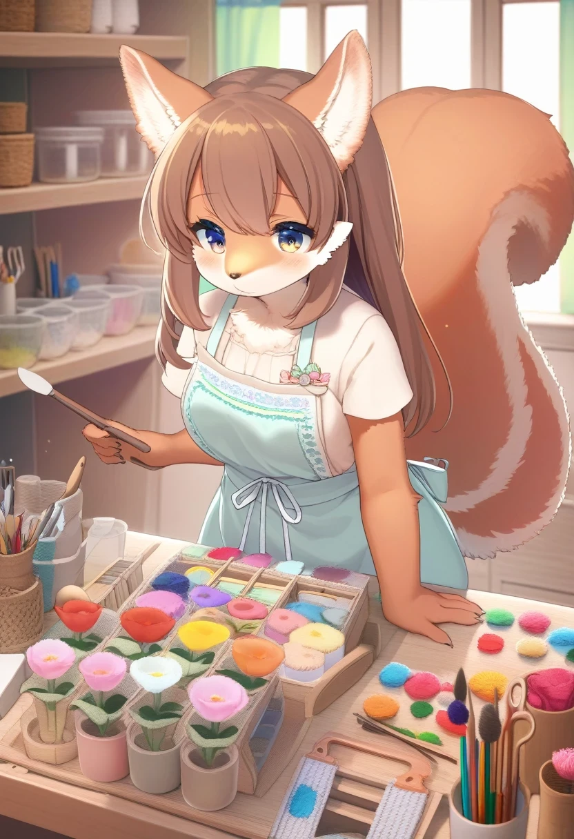 ((Masterpiece)), ((Best Quality)), (Very Detailed), ((Very Detailed)), 4K, (8K), very aesthetic, absurdres highres, 1 girl, (anthropomorphic Rabbit, furry, kemono:1.5), A woman wearing a cotton apron stands in a kitchen bathed in warm natural light. The apron is embroidered with brightly colored tulips, and the woman has a calm expression on her face. In the background, kitchen utensils are neatly lined up.