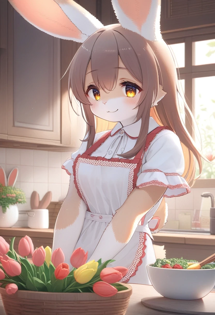 ((Masterpiece)), ((Best Quality)), (Very Detailed), ((Very Detailed)), 4K, (8K), very aesthetic, absurdres highres, 1 girl, (anthropomorphic Rabbit, furry, kemono:1.5), A woman wearing a cotton apron stands in a kitchen bathed in warm natural light. The apron is embroidered with brightly colored tulips, and the woman has a calm expression on her face. In the background, kitchen utensils are neatly lined up.