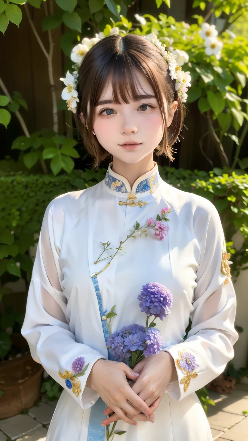 Tabletop, Highest quality, High resolution,Portrait, (((Detailing、8k resolution))), (((Beautiful face drawn in every detail))),Upper body angle,14 years old,One Girl、student、 Highly detailed eye,Beautiful double eyes、 ((Beautiful silky hair、Short Bob、Shortcuts、Flower Hair Ornaments))、(((Beautiful Ao Dai:1.3、Ao Dai,Beautiful White Ao Dai)))、Vietnam School、big tree、
