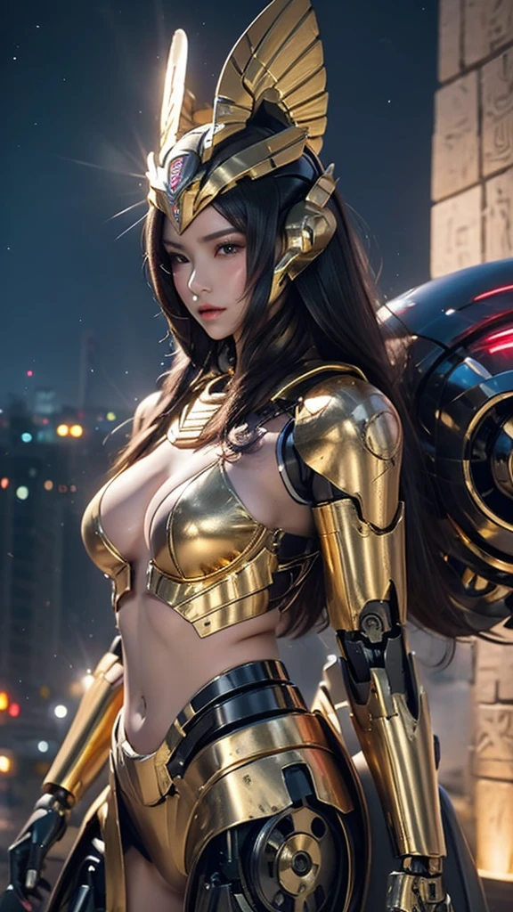 Cyborg woman in Egyptian style, Cyborg robot with an old and worn-out atmosphere is a combination of gold and silver., Oil-stained robot parts, mechanical face, fighting pose, circuits printed on the body, electrical wiring, long hair, Fusion style of machine and fantasy female warrior concept, Egyptian pyramids and Sphinx night view, Nighttime