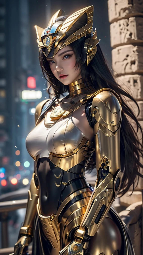 Cyborg woman in Egyptian style, Cyborg robot with an old and worn-out atmosphere is a combination of gold and silver., Oil-stained robot parts, mechanical face, fighting pose, circuits printed on the body, electrical wiring, long hair, Fusion style of machine and fantasy female warrior concept, Egyptian pyramids and Sphinx night view, Nighttime
