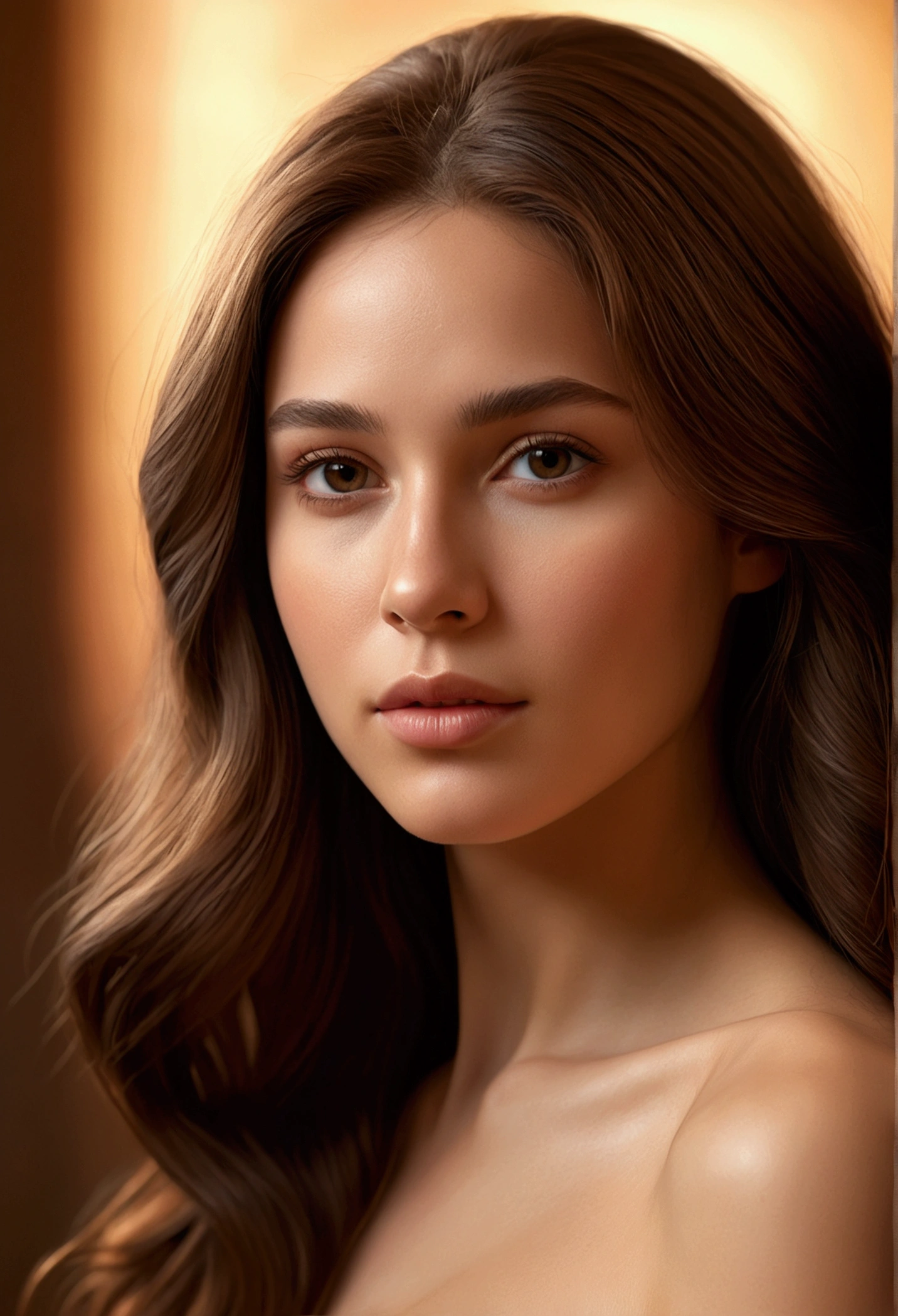 A beautiful nude woman with long brown hair, detailed facial features, delicate skin, graceful pose, elegant atmosphere, cinematic lighting, warm color palette, seamless blend of realism and artistic flair, intricate details, high-quality 8K resolution, masterpiece, photorealistic