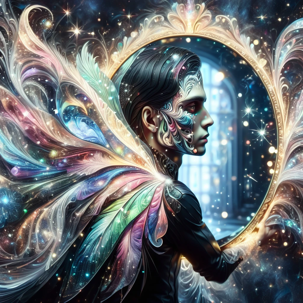 masterpiece, Super detailed, DonMF41ryW1ng5XL, mirror, mirror on the Wall, Who is the most beautiful among these??, Reflection of a beautiful magician in black clothes,