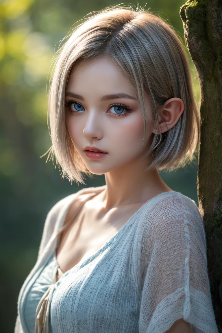 ((masterpiece)), ((best quality)), (ultra-detailed), ((kawaii)), cute, (lovely), (sexy), ((extremely detailed)), 4K, (8K), best quality, (beautiful), photorealistic, ageless elf, a cute girl, solo, sweat, blush, narrow eyes, open mouth, mage, enchanted grove, ancient wisdom, mystical power, nature, magic, flowing garments, glowing staff, serene presence, beautiful silver hair, ((short hair)), (beautiful hair), beautiful blue eyes, (beautiful eyes), cinematic lighting, natural light, soft shadows,