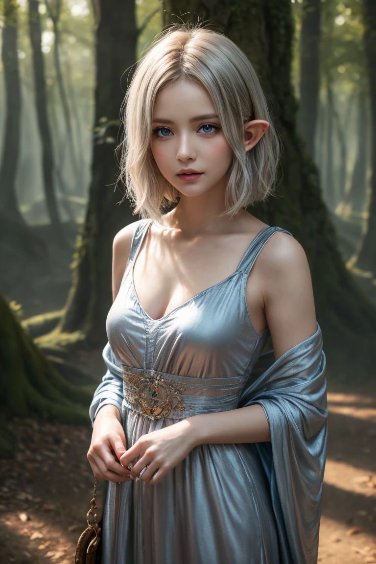 ((masterpiece)), ((best quality)), (ultra-detailed), ((kawaii)), cute, (lovely), (sexy), ((extremely detailed)), 4K, (8K), best quality, (beautiful), photorealistic, ageless elf, a cute girl, solo, sweat, blush, narrow eyes, open mouth, mage, enchanted grove, ancient wisdom, mystical power, nature, magic, flowing garments, glowing staff, serene presence, beautiful silver hair, ((short hair)), (beautiful hair), beautiful blue eyes, (beautiful eyes), cinematic lighting, natural light, soft shadows,