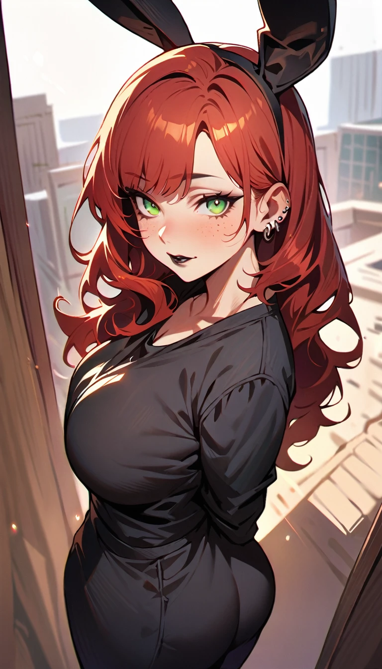 (high quality, 8k, 4K, high contrast, artwork:1.2, high quality, best aesthetics), (centered), ((1 woman)), erotic, sensual, mature body, grown woman, super detailed, beautiful face detailed, beautiful eyes detailed, detailed beautiful mouth, perfect big breasts, (long wavy red hair), (green eyes), (freckles), (black eyeliner), (black eyeshadow), (relaxed expression), (piercing gaze), (looking at viewer), (black lipstick), (front view), (standing), (black rabbit ears), (comfortable casual black clothes), (hands behind back)