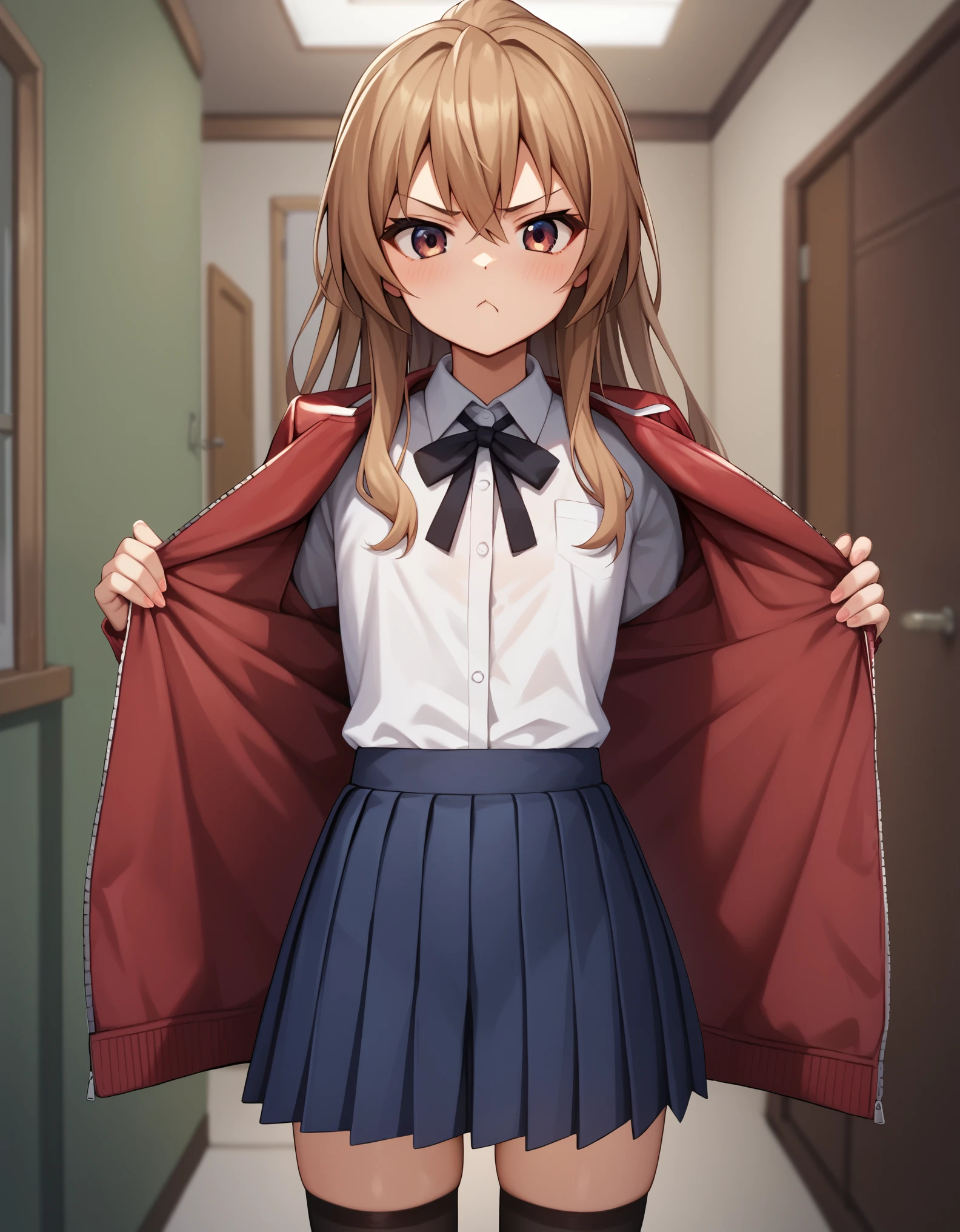 masterpiece, best_quality, 1girl, aisaka_taiga, brown_eyes, brown_hair, long_hair, flat_chest, pleated_skirt, blue_skirt, white_shirt, collared_shirt, black_thighhighs, black_ribbon, neck_ribbon, jacket, red_jacket, pout