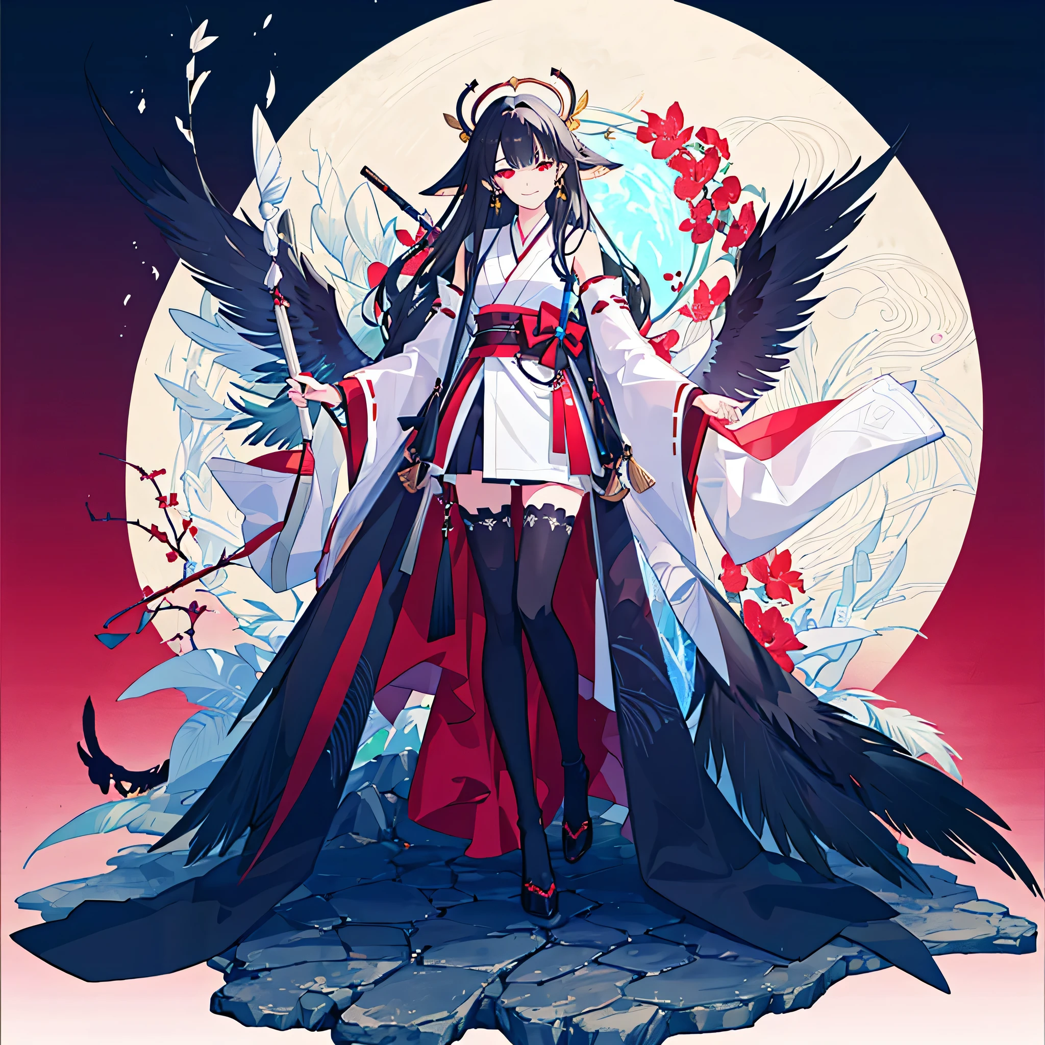 [(detailed Background:1.4)::5],Original,(Illustration:1.1),(Best Quality),(masutepiece:1.1),(the Extremely Detailed CG Unity 8K Wallpapers:1.1), (Colorful:0.9),(mid-shot:0.95),(very detailed beautiful full body),Dynamic Angle,(Solo:1.2), (girl),(((Adult))), (Detailed beautiful eyes:1.15), (Beautiful face:1.15), (glowing red eyes:1.25////),(black hair),paleskin，Pink pupils，Red bow，amaryllis，((Evil smile))，Crystal earrings on the ears，Raven feather skirt,full body,wearing miko thighhighs,((black long hair)),black long hair,night,((whole body)),