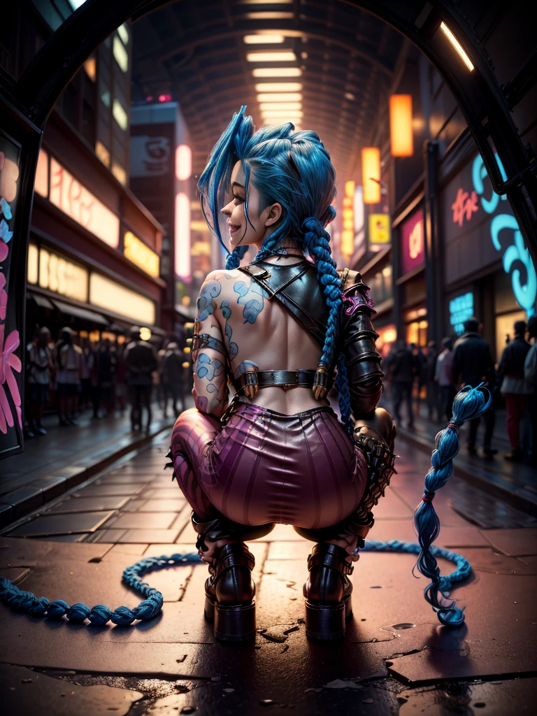 ((Jinx wears a Harajuku Tech costume), Cowboy-shot, wind, tousled hair, (Aesthetics and atmosphere:1.2),smiling, Laugh, from the back, crouching