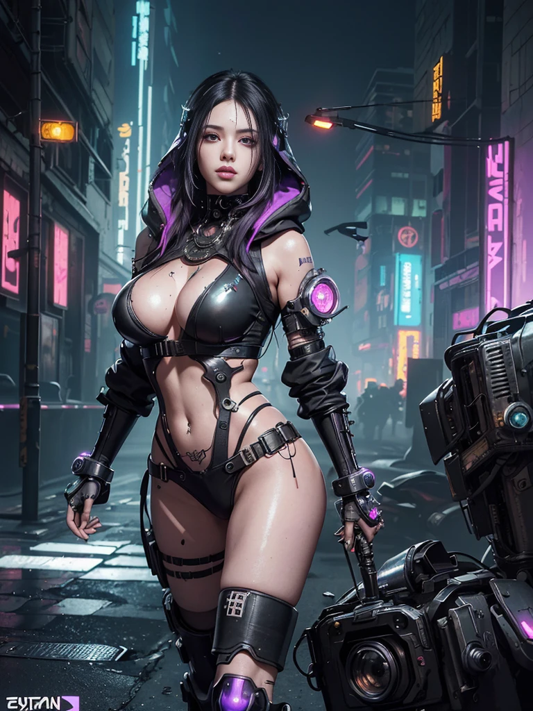 Unbeatable masterpiece, Ultra photo realsisim, Perfect Artwork, Intricate details, Best Quality, strong lights,High contrast,((Post apocalyptic futuristic Cyberpunk , outline):1.35) , ((masterpiece)),((Extremely detailed)) , ((extremely detailed and beautiful face)) , Smoky makeup, Perfectcomposition , intricate detailes , neon light , neon trim, (full body Esbian:1.25) , (Official art) , Very delicately beautiful cyberpunk girl, long black colored hair blowing in the wind, vibrant purple eyes, long detailed eyelashes, huge enormously gigantic , cleavage showing, wearing highly detailed futuristic hooded battle armor, tons of tattoos and piercings(1girl:1.3) , Solo , (glass screen:1.2) , (Clear glass) , Tindall Effect , Colorful refraction , visual impact , (High light contrast) , Colorful , Melt , (Cyberpunk:1.2) ,(flinch :1.4) ,